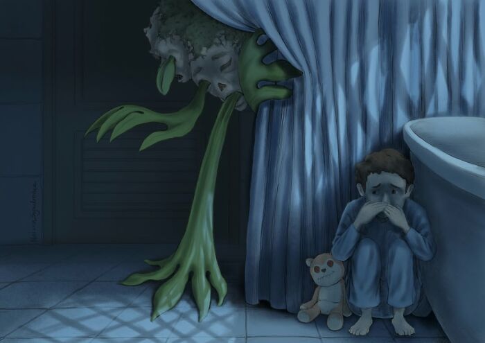Spooky creature peeking past a curtain at a child, a creative Nelson Syndrome painting