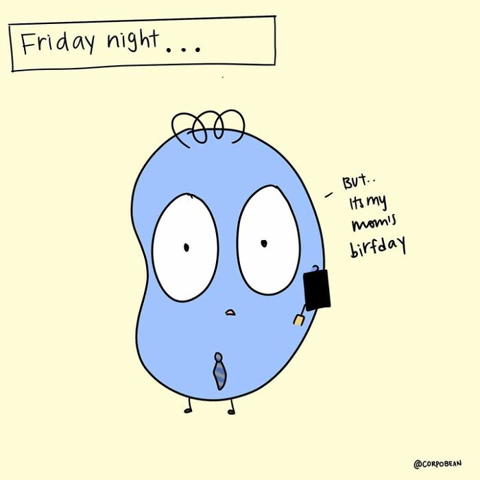 A comic by Corpo Bean showing a blue bean character dealing with work struggles on a Friday night.