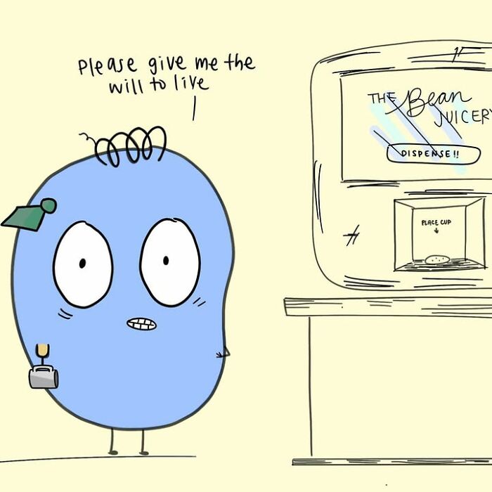 Corpo Bean comic showing a blue bean character needing coffee to survive work struggles.