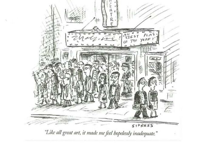 A New Yorker veteran cartoon showing people leaving a theater after a play