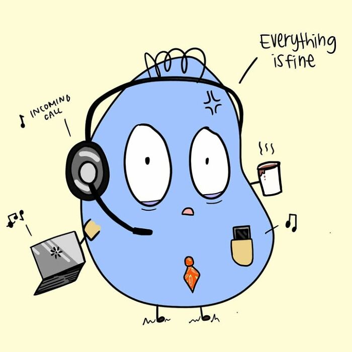 Corpo Bean comic of a blue bean character overwhelmed by work struggles and incoming calls.