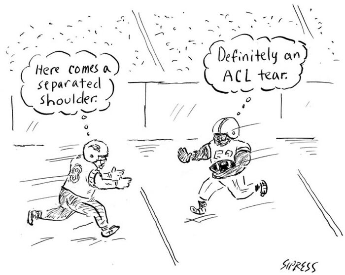 A New Yorker veteran cartoon of football players thinking about injuries before a tackle