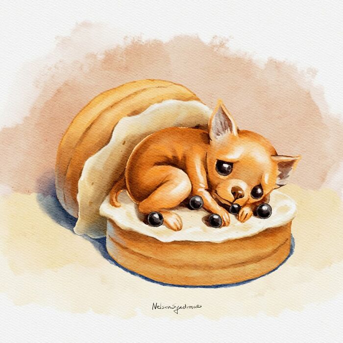 Charming parody illustration by Nelson Syndrome of a tiny dog curled up like a pancake topping.