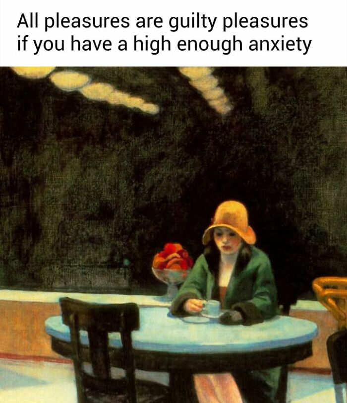 A famous painting meme showing a woman with anxiety looking at a cup of coffee alone