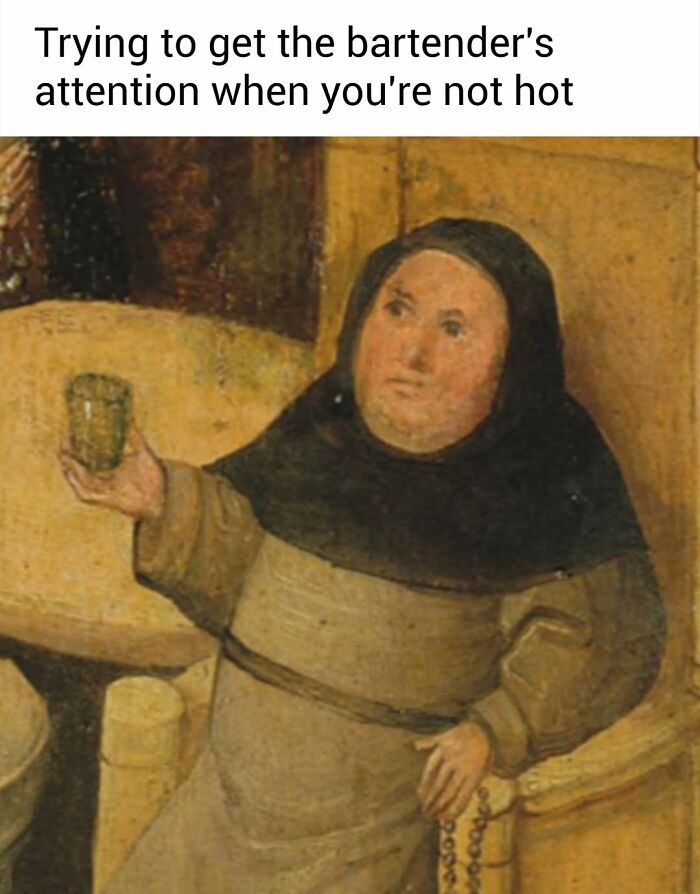 Medieval art style funny meme depicting a monk trying to grab a bartender's attention.