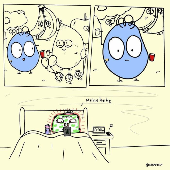 A blue bean character at a party and reading in bed, illustrating relatable everyday work struggles by Corpo Bean