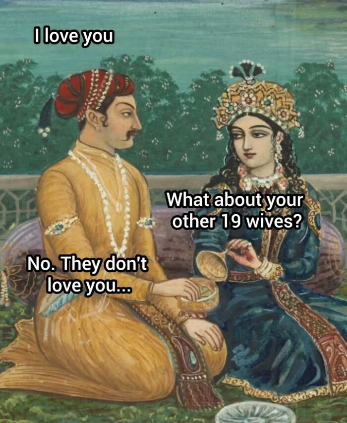 Hilarious meme made from a famous painting depicting an Indian royal couple talking about wives.