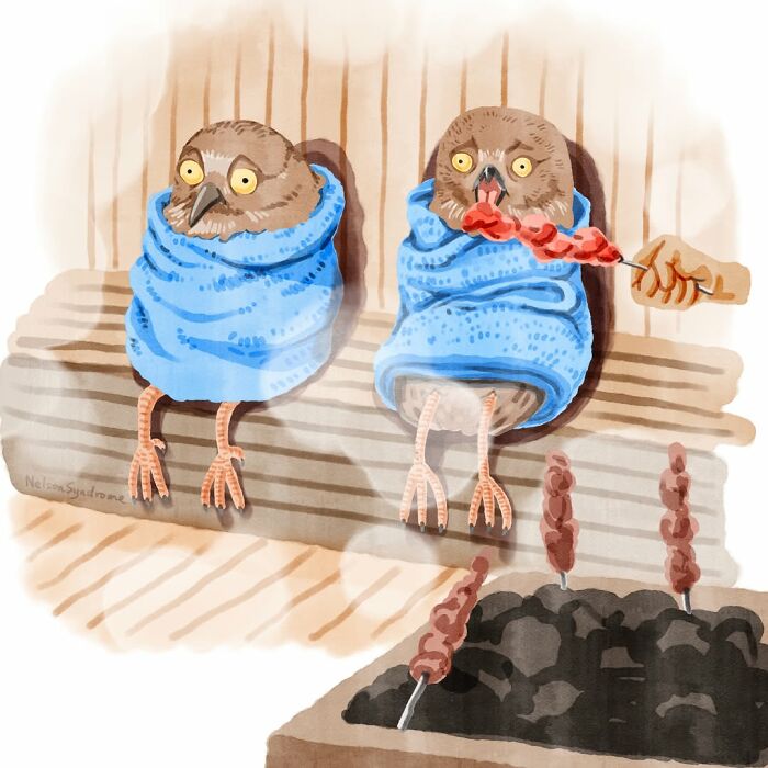 Illustration By Nelson Syndrome of two owls wrapped in blue towels having skewers, a whimsical parody painting.