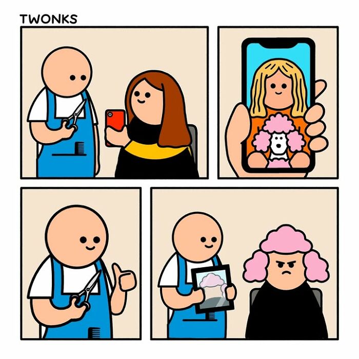 Funny comics by Steve Nelson: A woman shows a hair stylist a picture of a dog and gets the same poodle haircut.