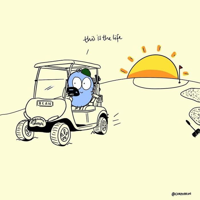 A comic by Corpo Bean showing a blue character driving a golf cart toward a bright yellow sun on a golf course