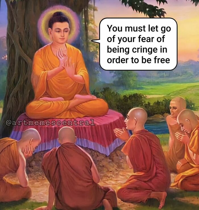 A painting of Buddha teaching his disciples, humorously transformed into one of many famous paintings memes.