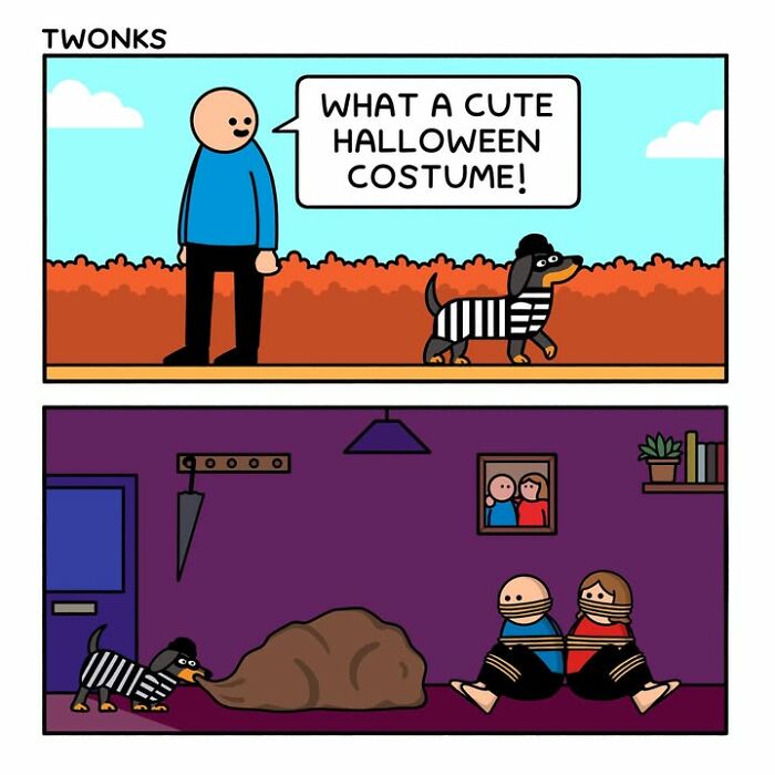 Funny comics strip featuring a small dog in a robber costume pulling a heavy sack inside a room