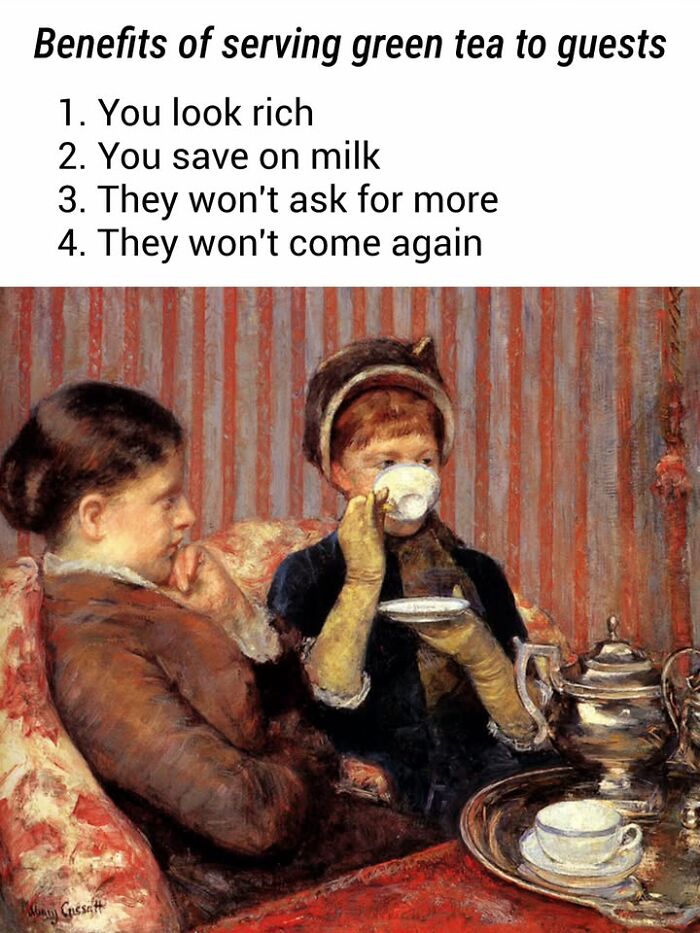 A classic painting of women drinking tea, illustrating how people make famous paintings into hilarious memes.