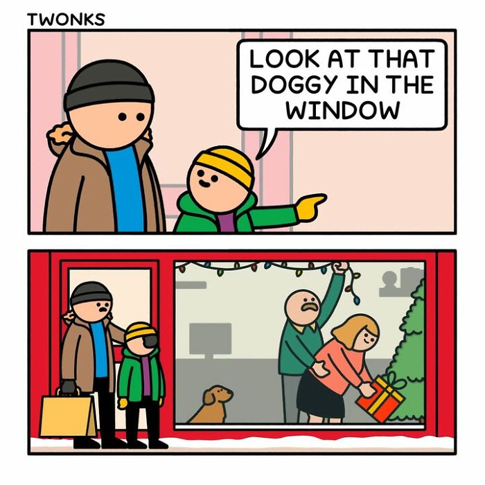 Funny comics panel showing a father and child pointing at a brown dog sitting in a storefront window