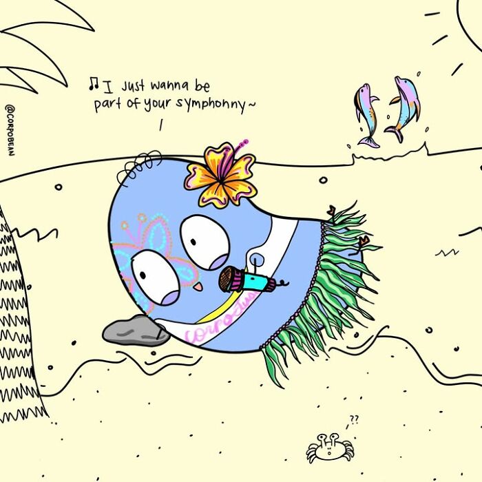 A comic by Corpo Bean showing a blue bean character dreaming of a beach vacation to escape work struggles.