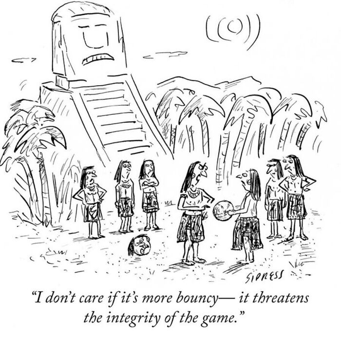 A New Yorker veteran cartoon showing Mayan people discussing a ball game in front of a temple