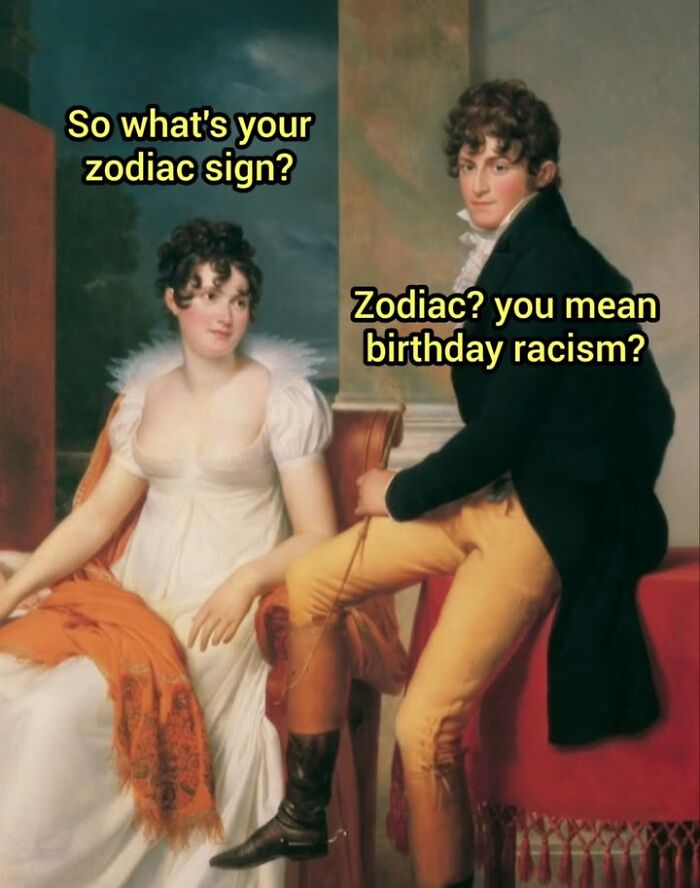 Famous paintings turned into a hilarious meme about zodiac signs and historical couples.