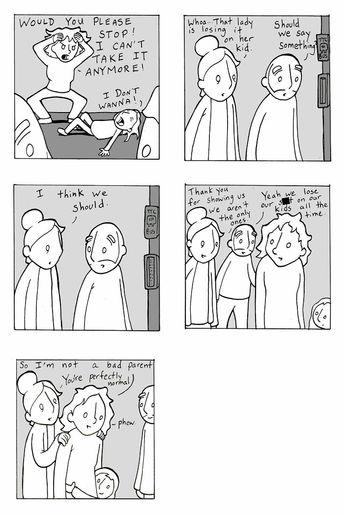 Comic showing parents consoling a stressed kid and sharing empathy