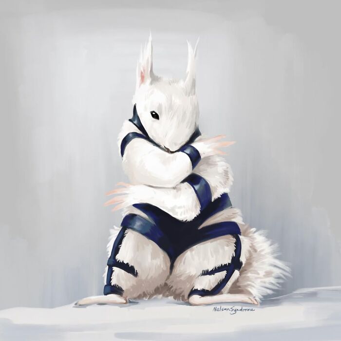 Illustration By Nelson Syndrome of a white rabbit-like creature in a harness, a creative animal parody illustration.