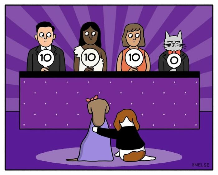 Funny comics illustration of judges holding scores for a pair of dogs, with a cat judge giving a zero