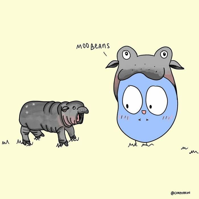 A comic by Corpo Bean featuring a blue bean character wearing a hippo hat next to a real baby hippo