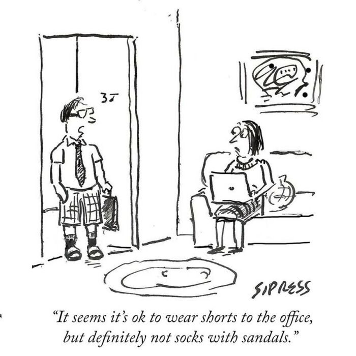 A black and white cartoon showing a man in shorts and sandals at home, a New Yorker style drawing.