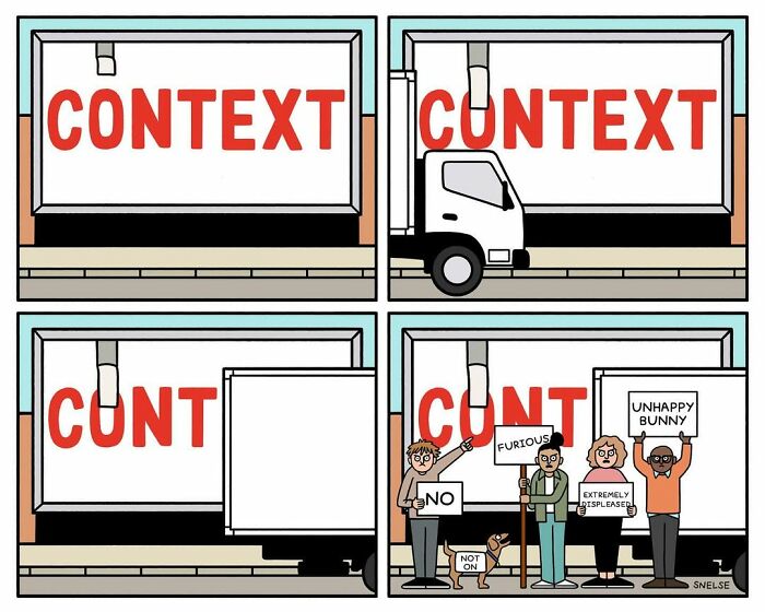 Funny comics strip of protesters holding signs next to a dog wearing a sign that says not on