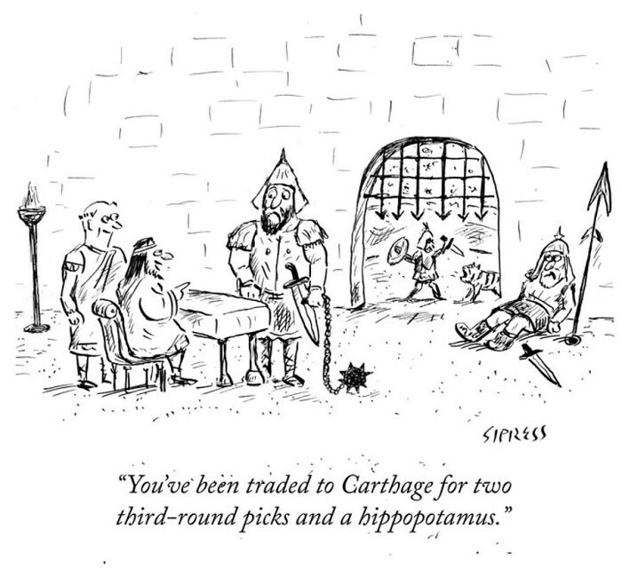 A black and white cartoon of Roman soldiers negotiating a trade, showcasing New Yorker humor.