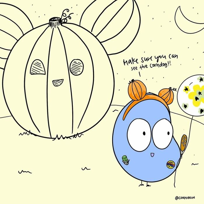 A comic by Corpo Bean showing a blue character with a pumpkin headband standing next to a giant pumpkin mouse