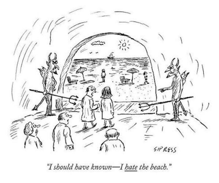 A black and white cartoon of devils pointing people to a beach with a funny caption about New Yorker life.