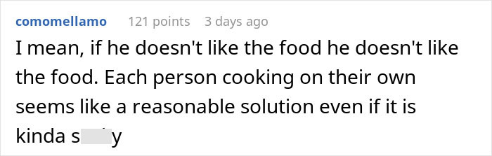 Comment discussing solutions to relationship dynamic changes caused by food preferences. Comment discussing solutions to relationship dynamic changes caused by food preferences.
