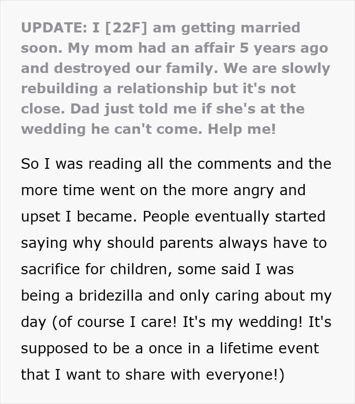 Dad Threatens To Skip Daughter’s Wedding If She Invites Cheater Mom, She’s Fed Up With Their Drama Dad Threatens To Skip Daughter’s Wedding If She Invites Cheater Mom, She’s Fed Up With Their Drama