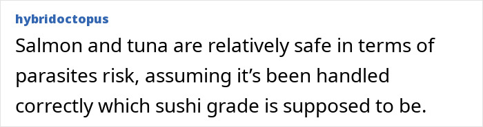 A comment discussing salmon and tuna safety when preparing sushi grade fish.