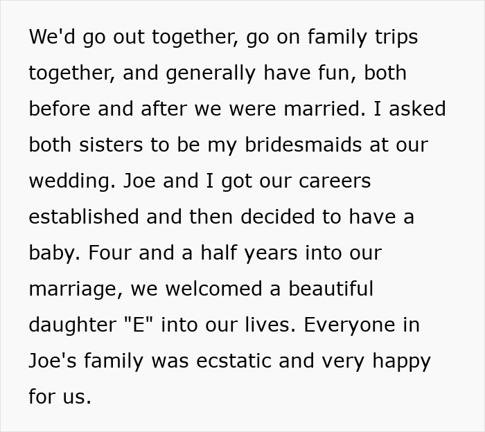 Text snippet explaining family trips and welcoming a daughter, preceding the event where women betray SIL. Text snippet explaining family trips and welcoming a daughter, preceding the event where women betray SIL.