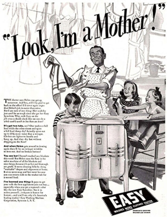 Vintage easy-to-use washing machine ad with father and children