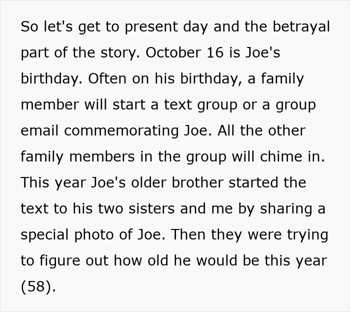A black text on a white background explaining a family text thread leading to women betray SIL. A black text on a white background explaining a family text thread leading to women betray SIL.