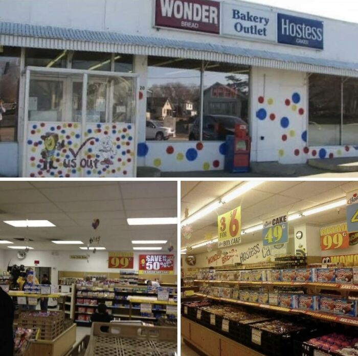 Retro Wonder Bread and Hostess Bakery Outlet store display in nostalgic photos for 80s kids