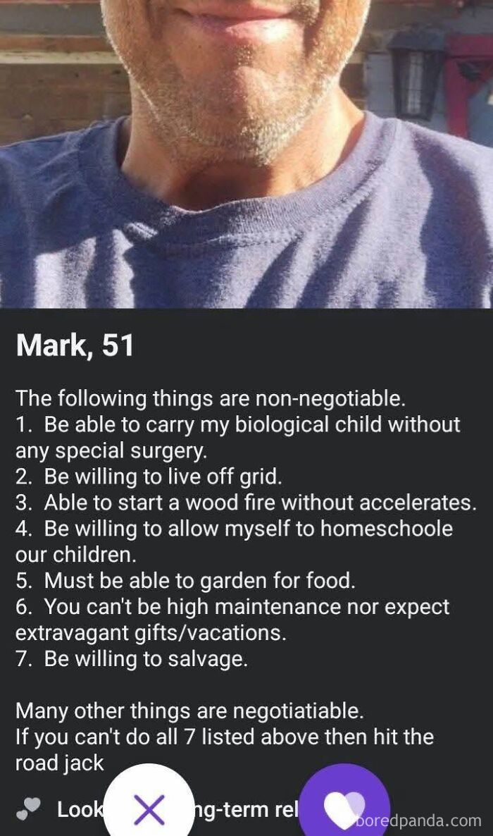 A dating profile of a 51-year-old man listing extreme requirements for women.