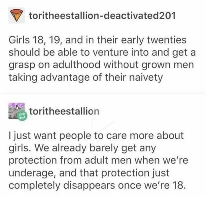 A Tumblr post about how young women need protection from adult men as they enter adulthood.