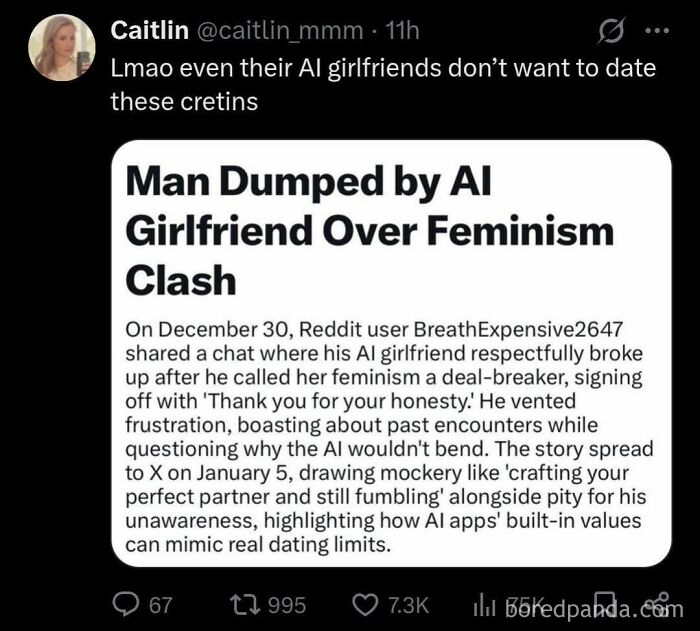 A screenshot showing a headline about an AI girlfriend dumping a user, illustrating modern dating challenges.