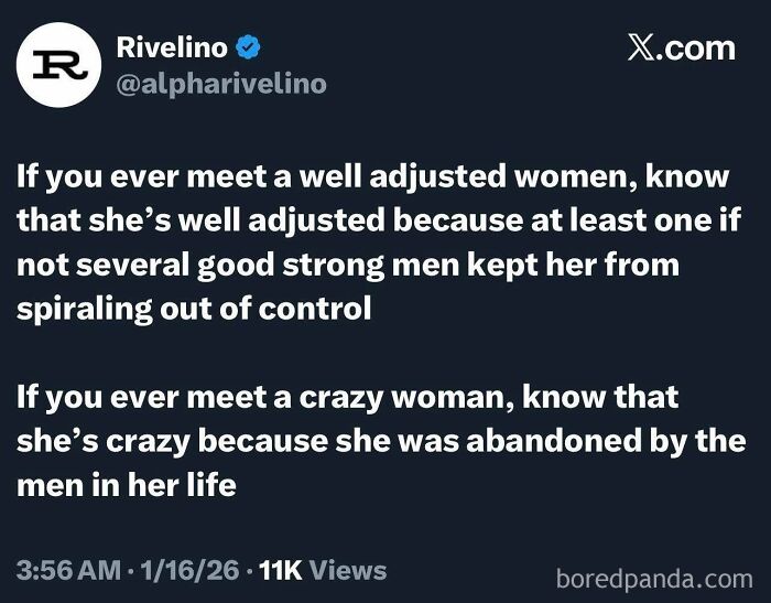 A social media post discussing how women are viewed in relationships, highlighting gender dynamics.