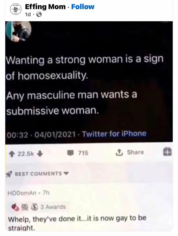A screenshot of a social media post discussing how women are viewed as people, featuring a funny comment.
