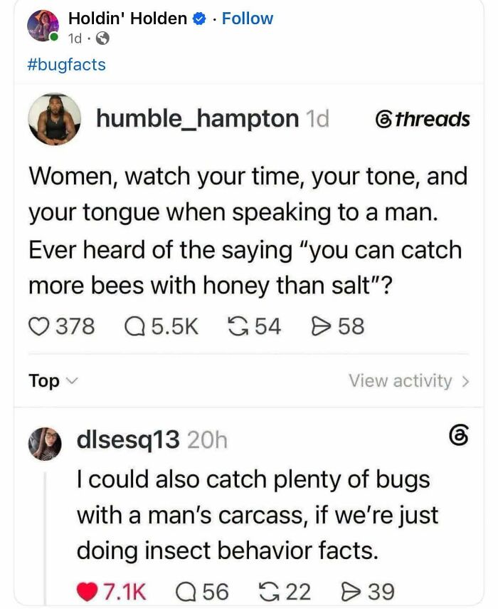 A social media post where women fighting to be viewed as people is highlighted in a witty comeback about insect behavior.
