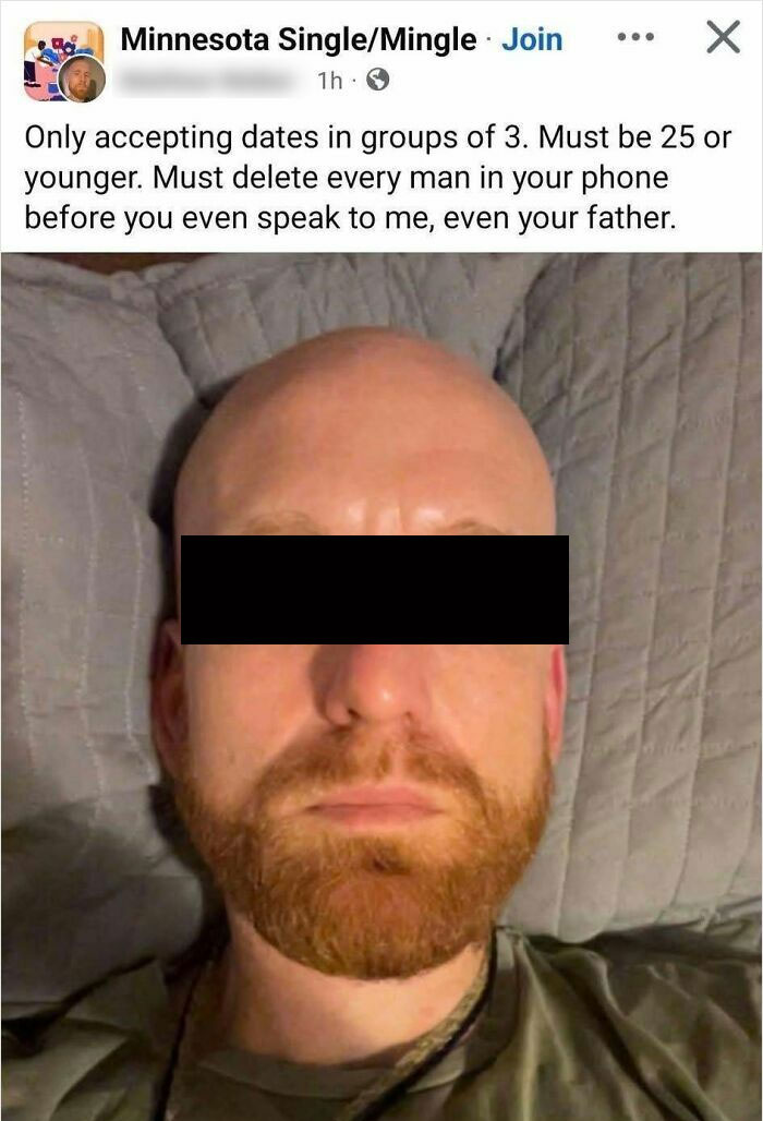 A man's online dating profile showing highly demanding criteria for women.