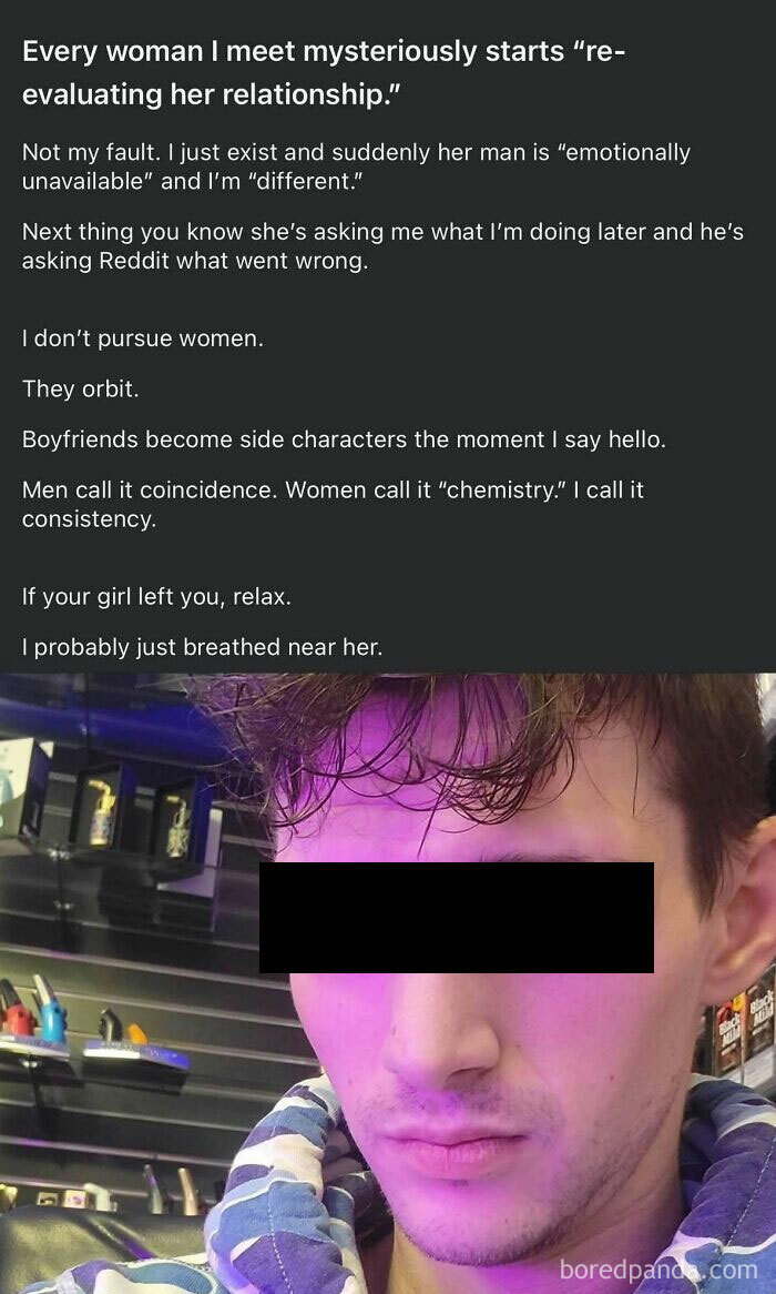 A social media post where a man boasts about how women react to his presence.