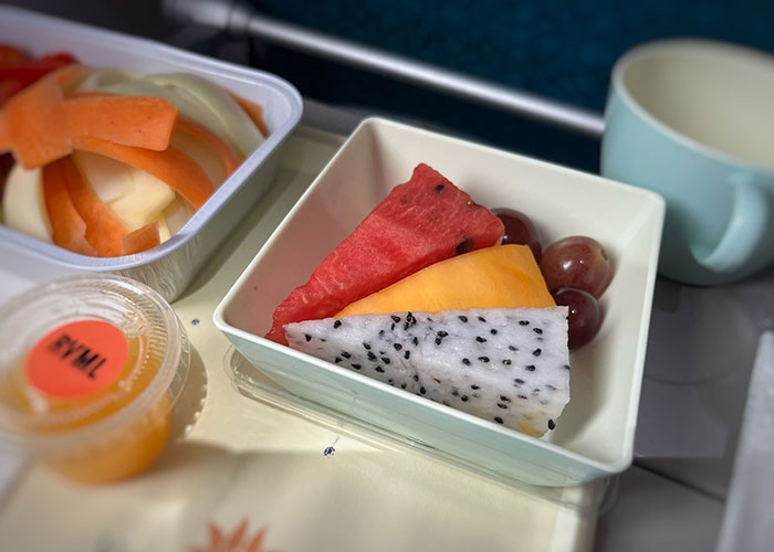 In-flight meal tray with fresh fruit on airplane