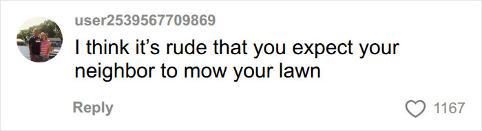 A comment stating it is rude to expect a neighbor to mow your lawn, sparking debate about neighborly behavior. A comment stating it is rude to expect a neighbor to mow your lawn, sparking debate about neighborly behavior.