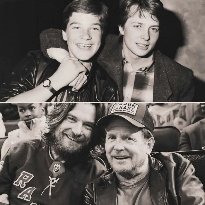 Then and now black and white photos of Jason Bateman and Michael J. Fox, evoking 80s kids childhoods nostalgia.
