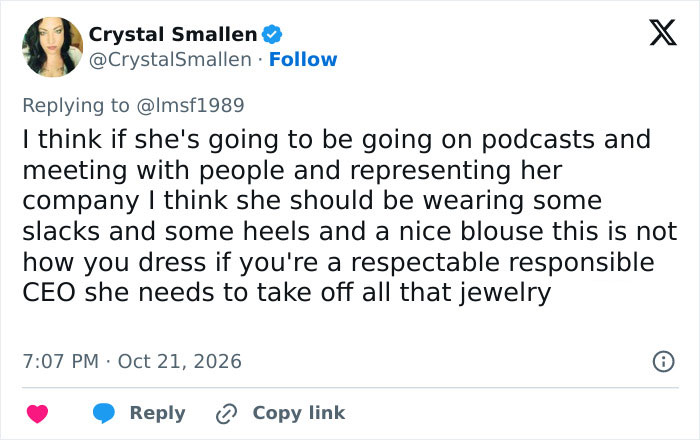 A social media comment criticizing Erika Kirk outfit and professional appearance in viral photos. A social media comment criticizing Erika Kirk outfit and professional appearance in viral photos.