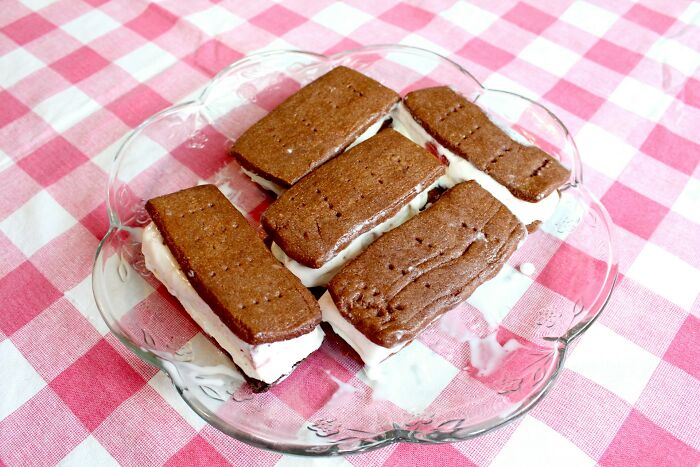 Homemade ice cream sandwiches served on a plate as a weird trick-or-treating treat.